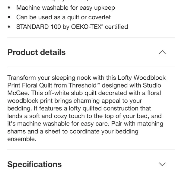 Studio McGee F/Q Lofty Slub Woodblock Floral Print Quilt Off White/ Mauve - Picture 7 of 12